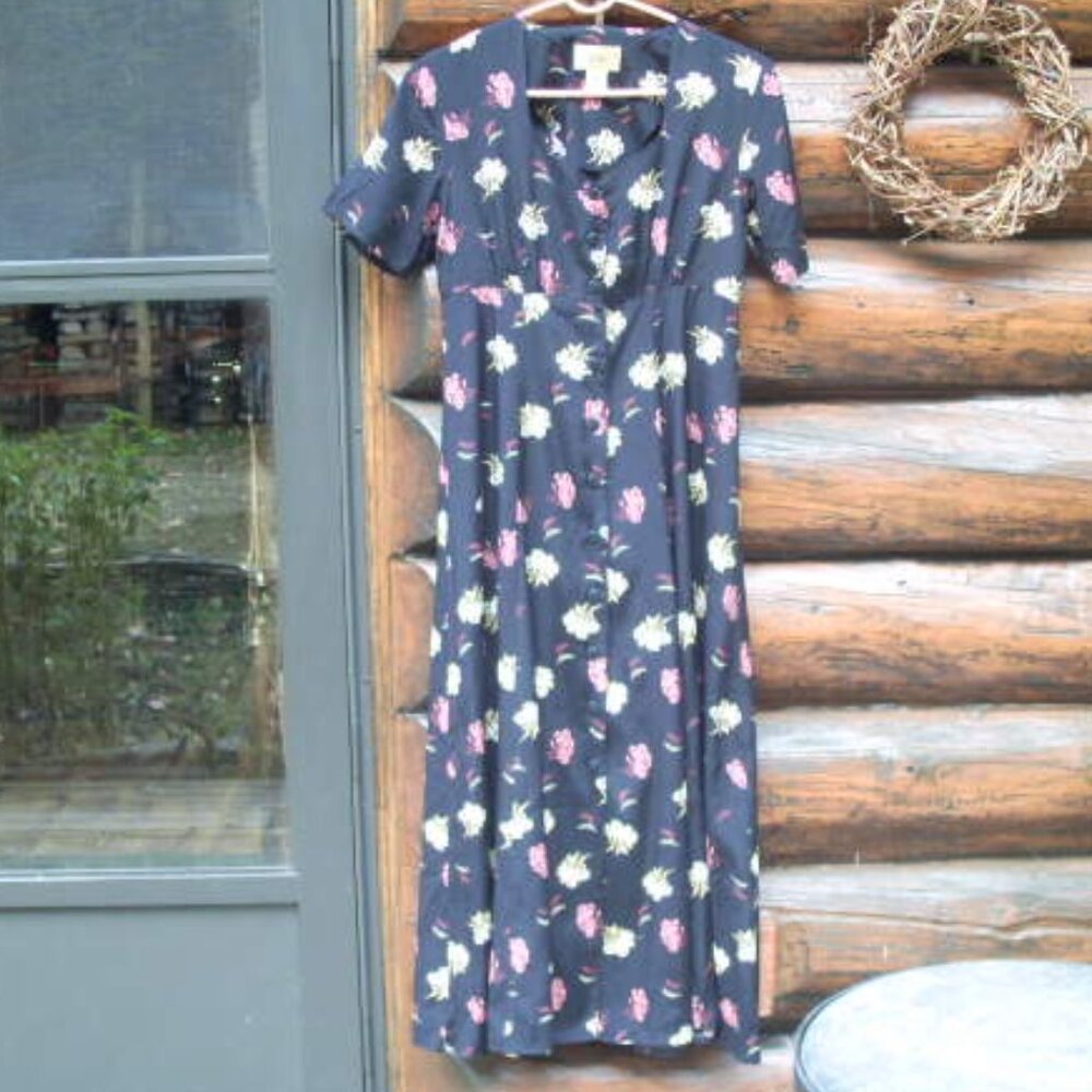 Vintage Sostanza Silky Black Floral Short Sleeve Button Down Maxi Dress SZ S